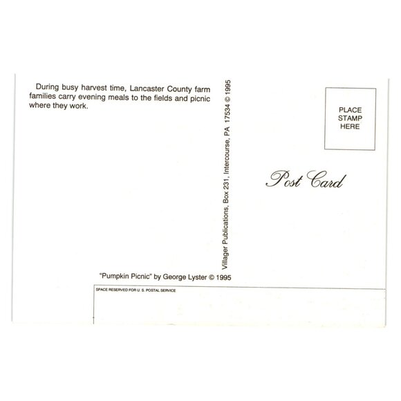 Pumpkin Picnic By George Lyster 1995 Postcard Harvest Farm Amish Lunch Art Print - Picture 2 of 2